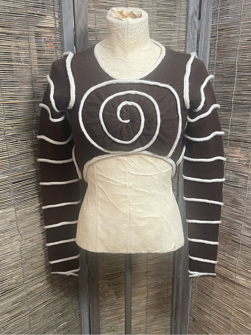 Spiral Cropped Crewneck Sweater in Brown and White